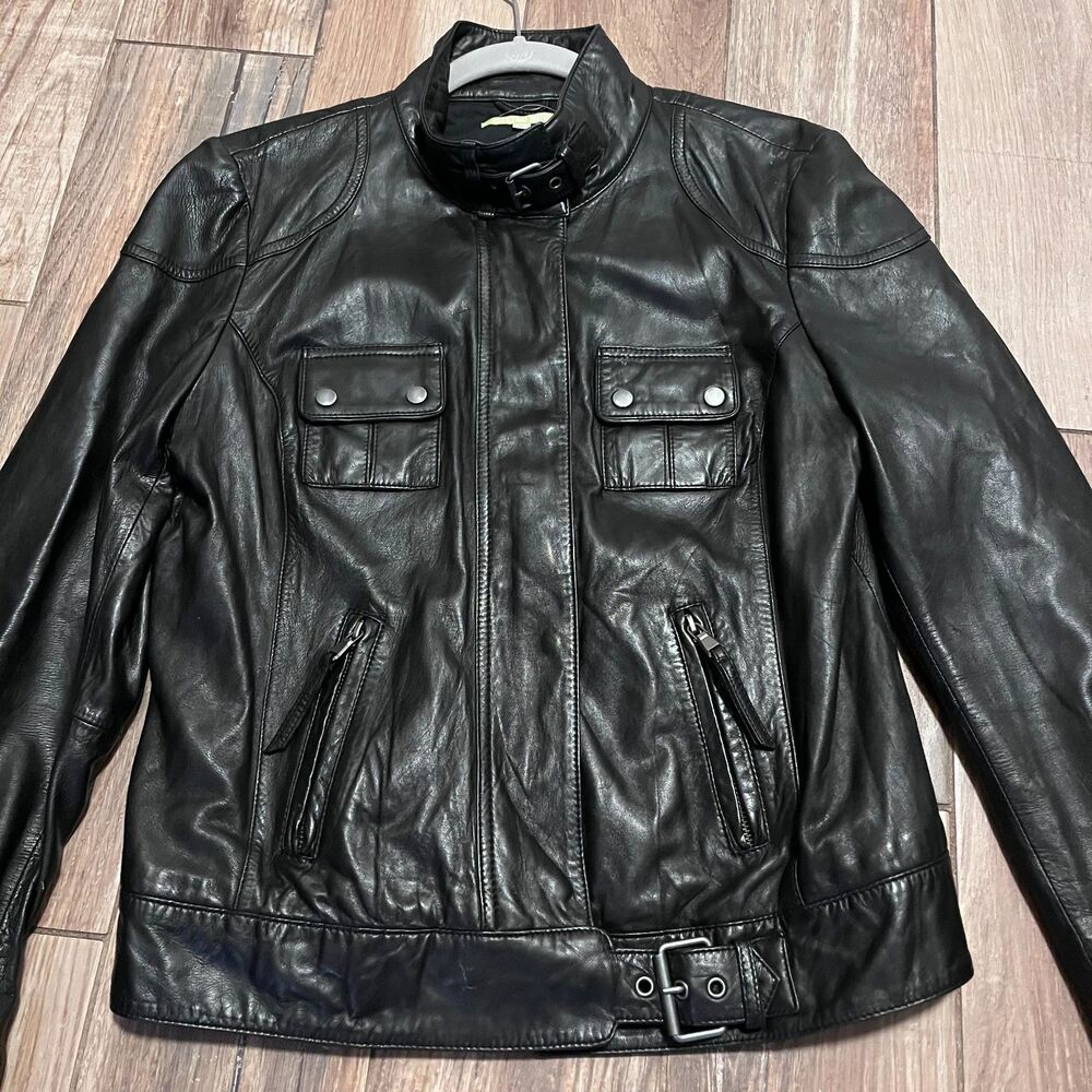 Gianni Bini Womens Black Lambskin Leather Moto Jacket Large EUC